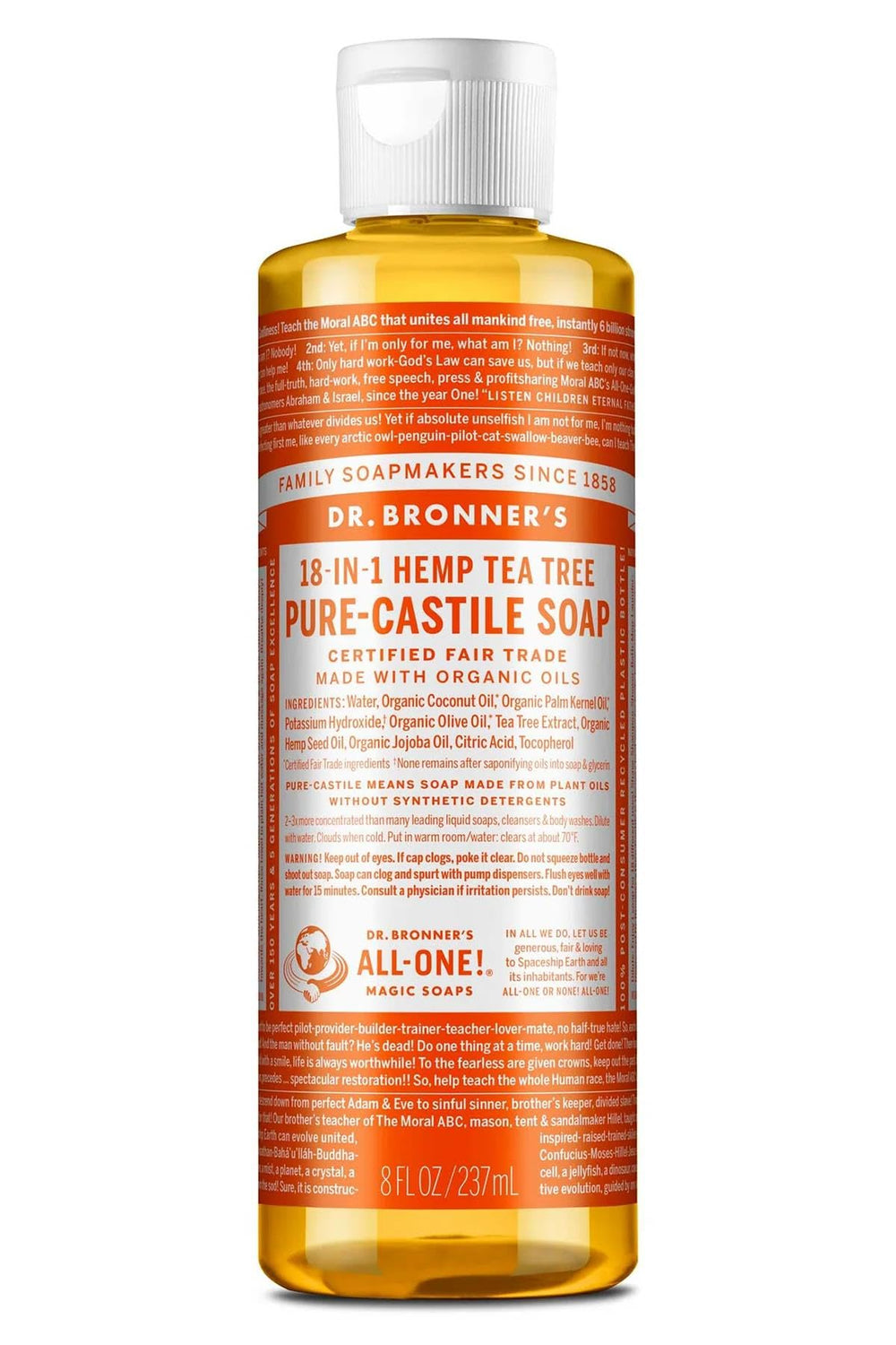 Dr. Bronner's Castile Tea Tree 8 oz bottle, versatile cleanser for skin and surfaces.