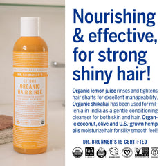 Coconut, olive, and hemp oils depicted as moisturizing ingredients in Dr. Bronner's rinse