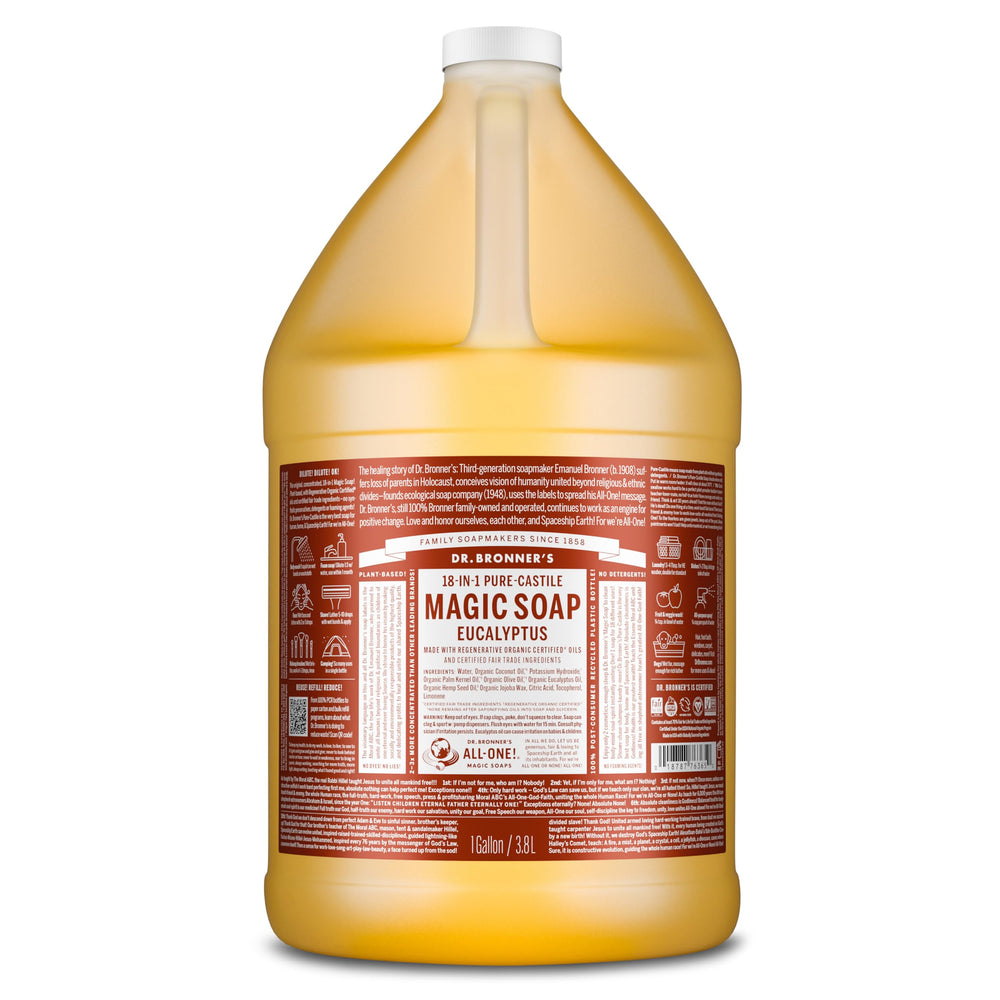 Dr. Bronner's eucalyptus castile soap bottle pours rich lather for gentle cleansing