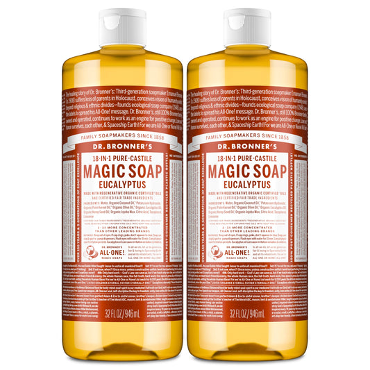 Dr. Bronner’s Eucalyptus Pure-Castile liquid soap 2-pack bottle for versatile cleaning.