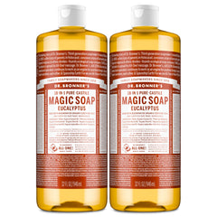 Dr. Bronner’s Eucalyptus Pure-Castile liquid soap 2-pack bottle for versatile cleaning.