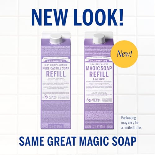 Dr. Bronner's Lavender Castile Soap pouring for everyday cleansing.