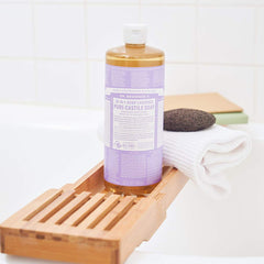 Close-up of Dr. Bronner's lavender label highlighting organic ingredients