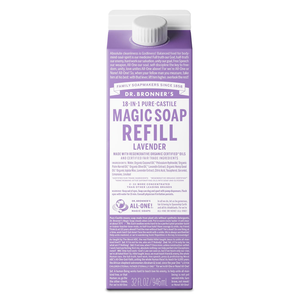 Dr. Bronner's Lavender Liquid Soap refill for eco-friendly home cleaning.