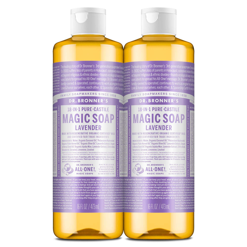 Dr. Bronner's Lavender Pure-Castile Soap bottle in a 2-pack for versatile cleansing