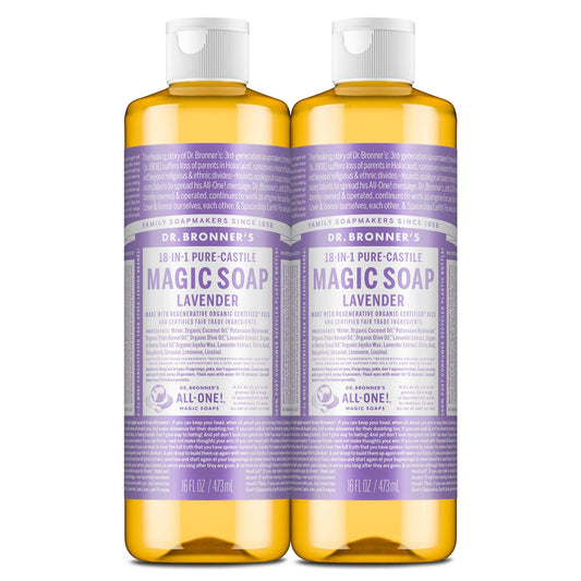 Dr. Bronner's Lavender Pure-Castile Soap bottle in a 2-pack for versatile cleansing