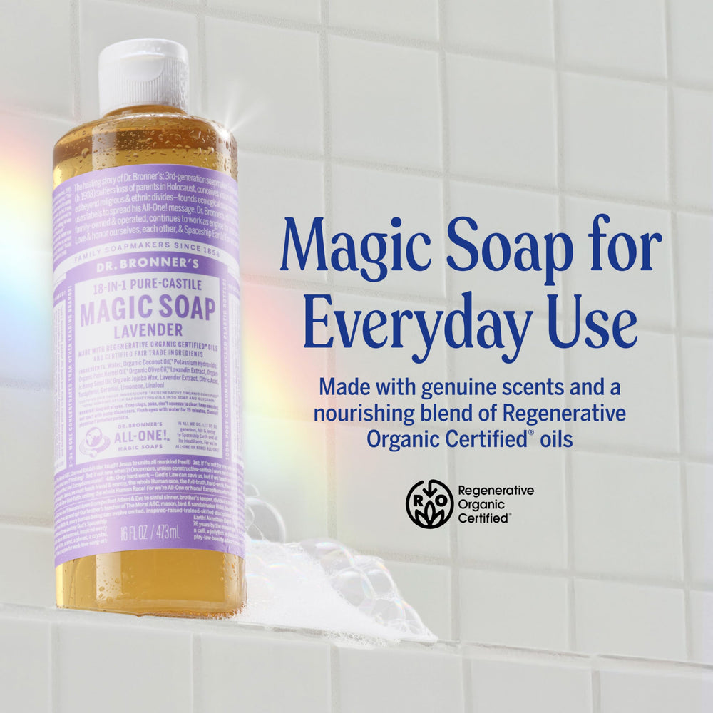 Close-up of Dr. Bronner's Lavender castile lather showing rich, soothing foam