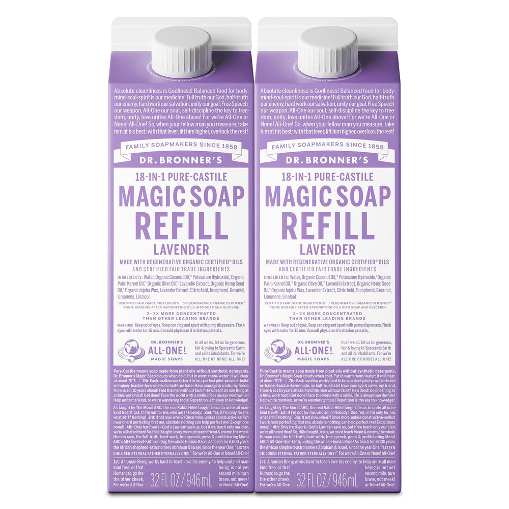 Dr. Bronner's Lavender Pure-Castile Soap refill bottle pouring for versatile cleaning