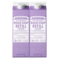 Dr. Bronner's Lavender Pure-Castile Soap refill bottle pouring for versatile cleaning
