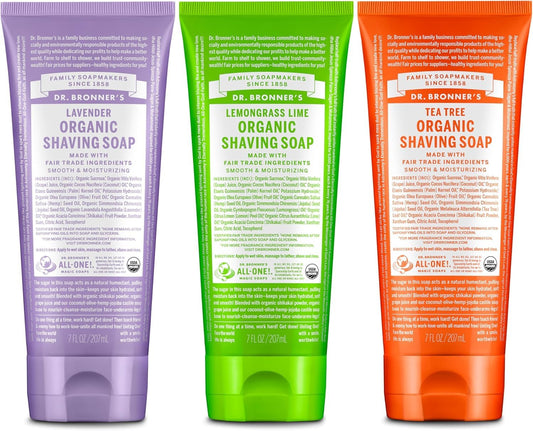 Dr. Bronner's Lavender shaving soap shows a rich lather for a smooth shave.