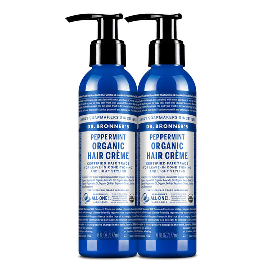 Dr. Bronner's Organic Hair Crème Peppermint bottle pour for smooth, even distribution.