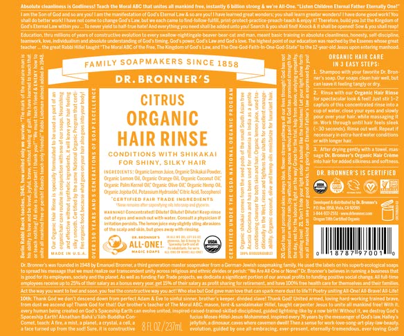 Dr. Bronner's Organic Hair Rinse Citrus Orange textured cap shot showing easy pour and lightweight conditioning