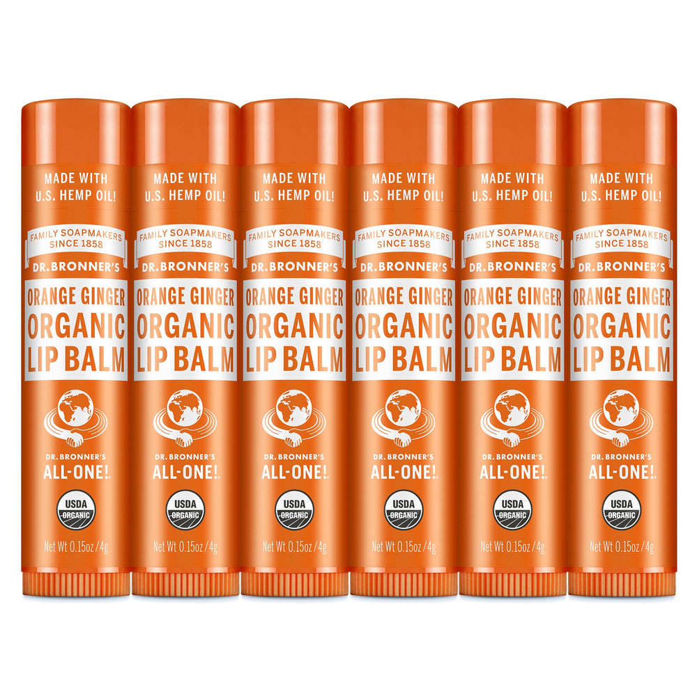 Dr. Bronner’s Organic Lip Balm 6-pack packaging close-up, showcasing eco-friendly packaging and value