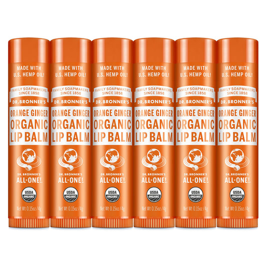 Dr. Bronner’s Organic Lip Balm 6-pack packaging close-up, showcasing eco-friendly packaging and value