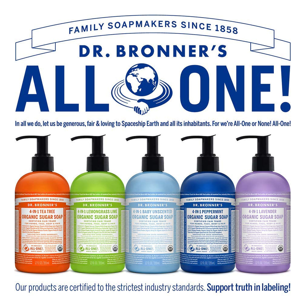 Dr. Bronner's Sugar Soap in family-use setting illustrates 4-in-1 versatility.