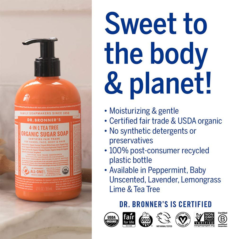 Dr. Bronner's Sugar Soap in a shower scene for full-body wash.