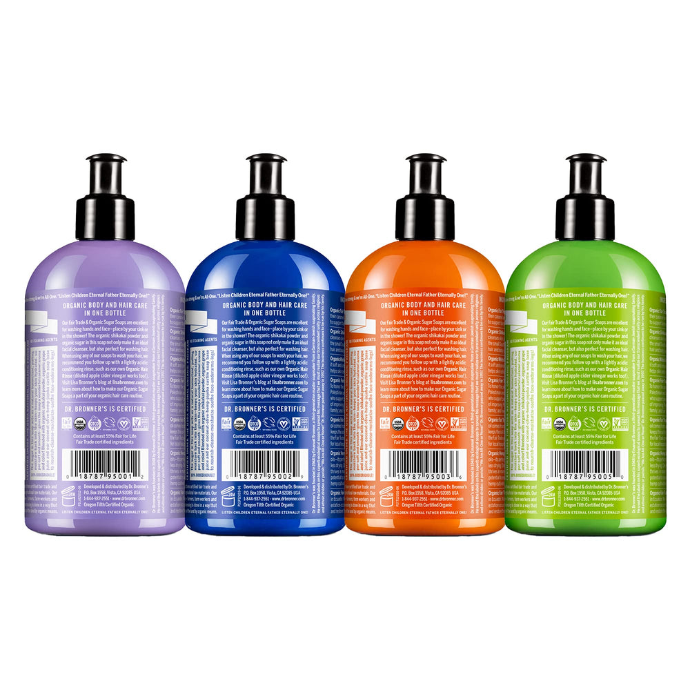 Dr. Bronner's Tea Tree Sugar Soap bottle for a crisp cleanse.