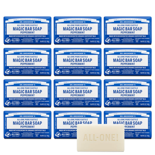 Dr. Bronner's peppermint bar lather delivers refreshing cleansing for skin and hair.