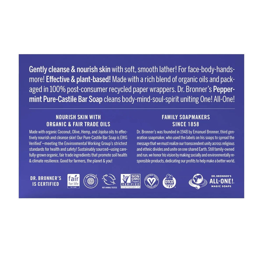 Dr. Bronner's peppermint bar soap close-up shows rich texture for daily wash.