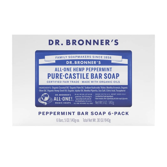 Dr. Bronner's peppermint bar soap pack of six with refreshing lather.