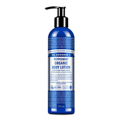 Dr. Bronner's Peppermint Lotion bottle close-up for refreshing hydration.