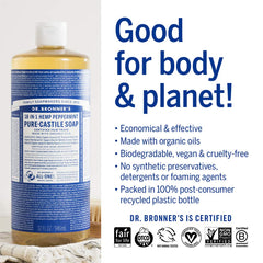 Dr. Bronner's peppermint Pure-Castile bubbles for skin, dishes, and more.