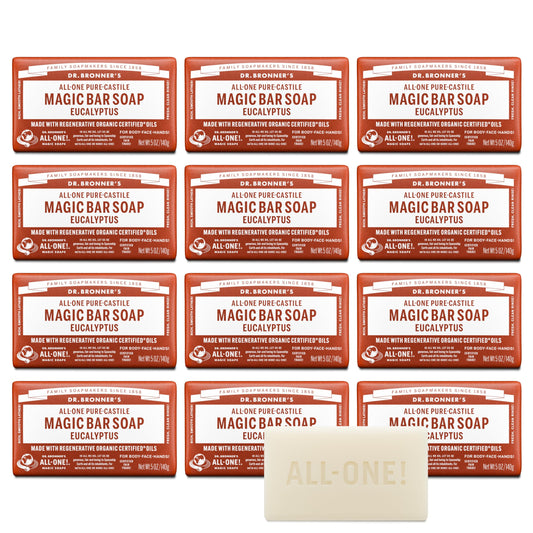Dr. Bronner's Pure-Castile eucalyptus bar close-up showing rich lather for skin.