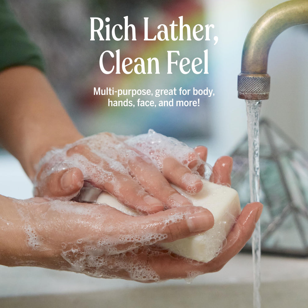 Dr. Bronner's Pure-Castile eucalyptus bar used as body wash and shampoo.