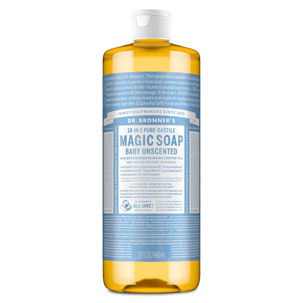 Dr. Bronner's Pure-Castile soap bottle pours, showcasing versatile, eco-friendly cleaning potential.
