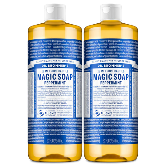 Dr. Bronner's Peppermint Pure-Castile soap bottle pours for versatile cleaning.