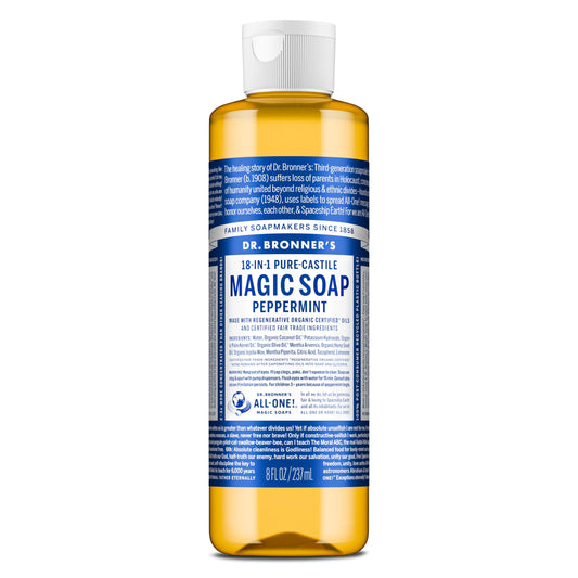 Dr. Bronner's Peppermint Pure-Castile bottle pour shows refreshing, concentrated lather