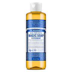 Dr. Bronner's Peppermint Pure-Castile bottle pour shows refreshing, concentrated lather