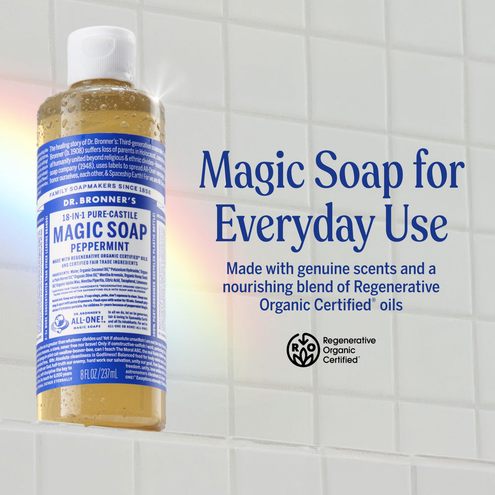 Dr. Bronner's Peppermint castile lather ready for skin and surface cleansing