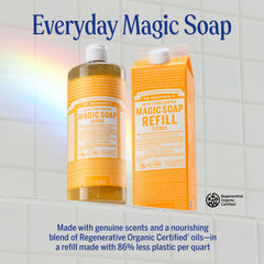 Dr Bronner's citrus castile bottle shown as facial cleanser option for sensitive skin