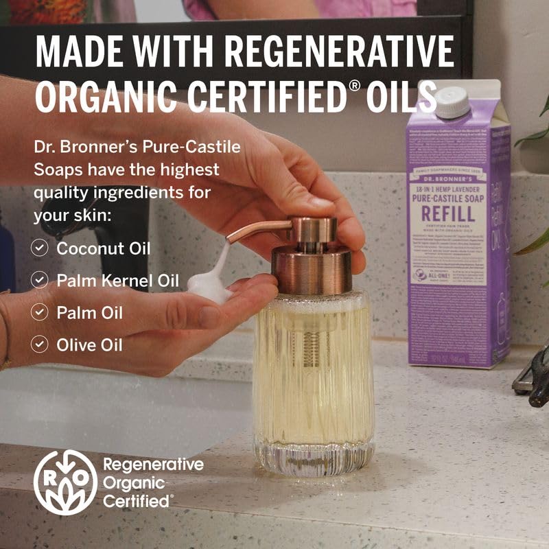 Dr. Bronner's regenerative organic oils label highlights sustainable ingredients.