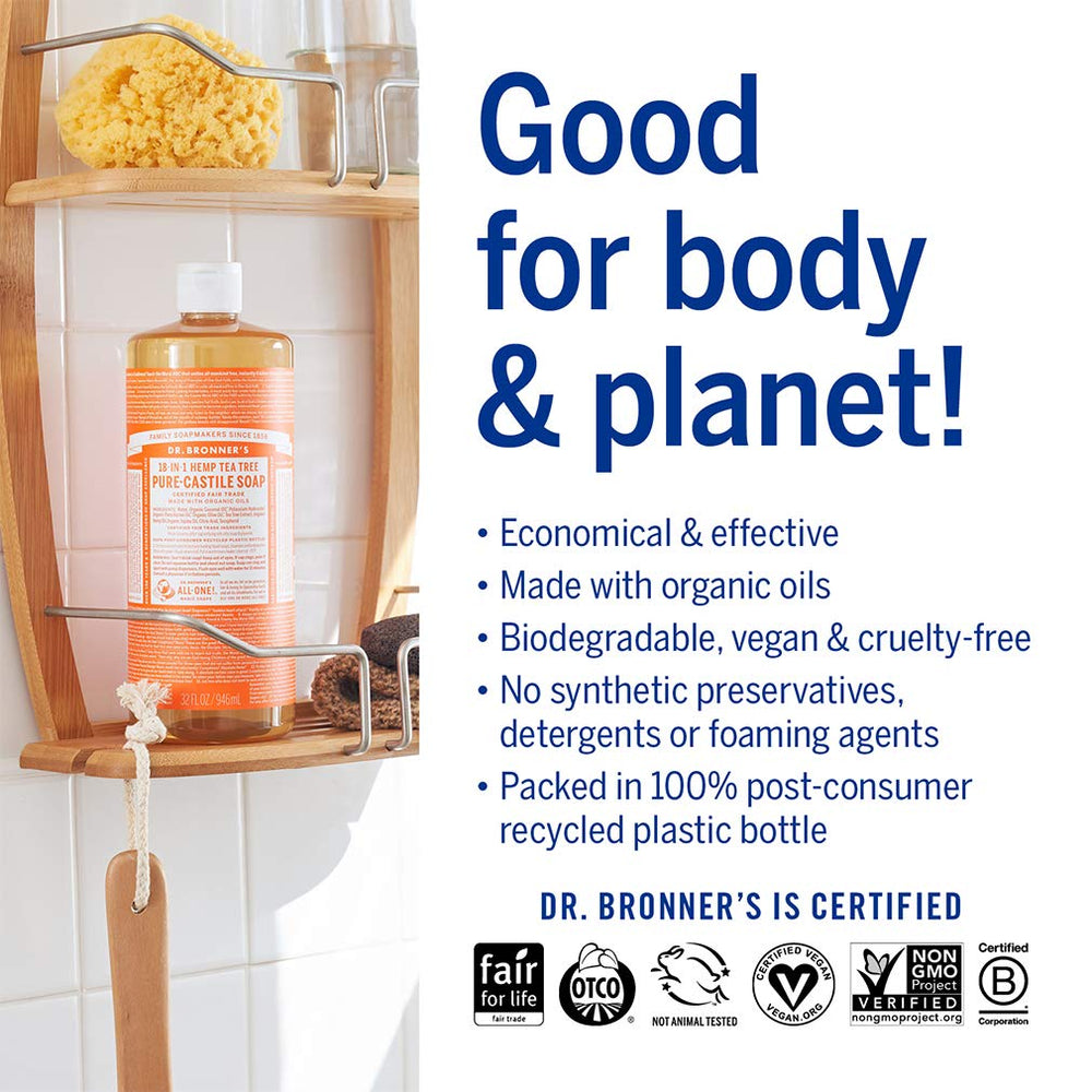 Tea Tree bottle close-up showing rich lather and plant-based ingredients.
