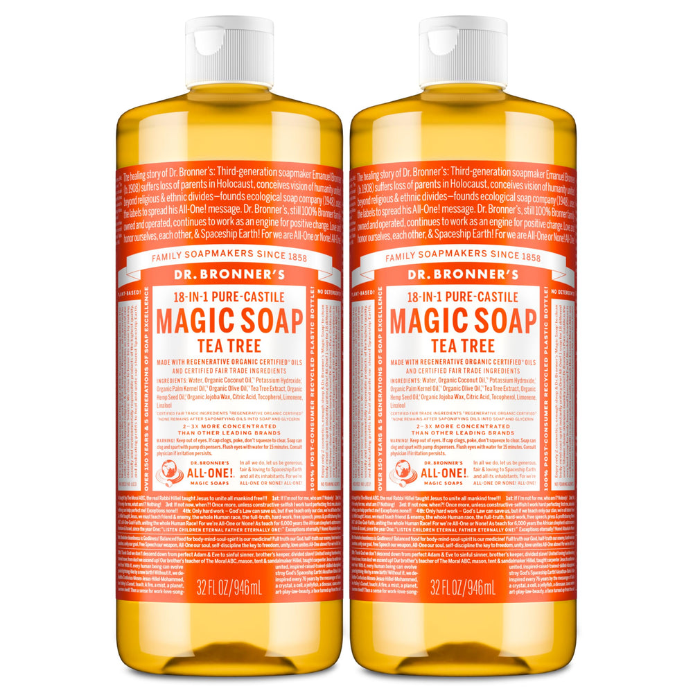 Dr. Bronner's Tea Tree Pure-Castile soap bottle 32oz 2-pack for versatile cleaning.