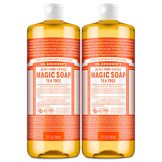 Dr. Bronner's Tea Tree Pure-Castile soap bottle 32oz 2-pack for versatile cleaning.