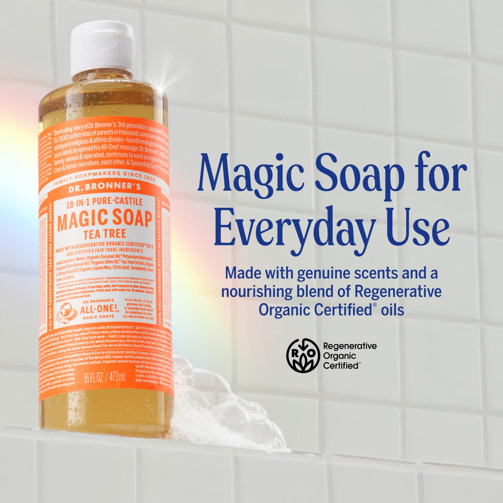 Rich lather from Dr. Bronner's Tea Tree Pure-Castile soap on skin.