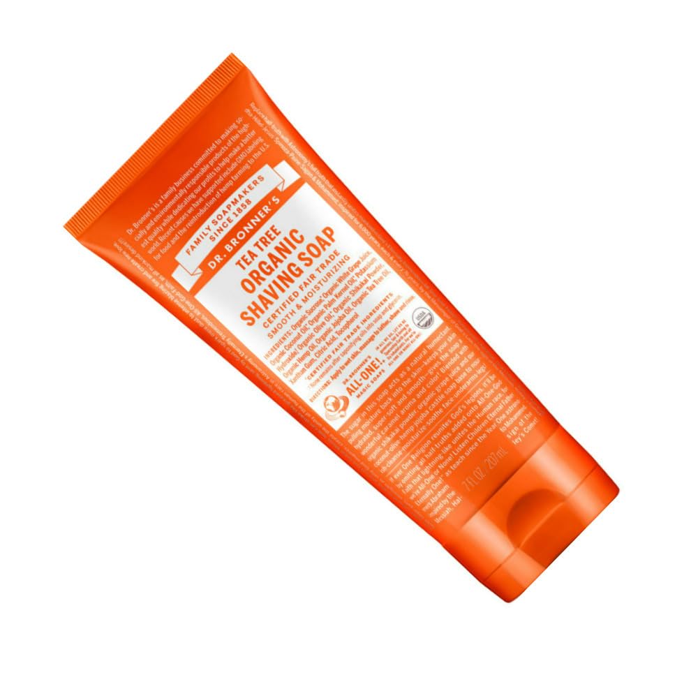 Dr. Bronner's Tea Tree Shave Gel eco-friendly packaging design.