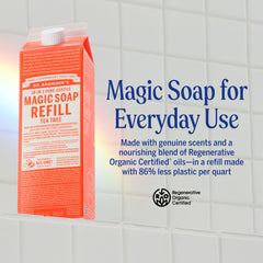 Dr. Bronner's Tea Tree Soap refill carton emphasizes eco-friendly 2-pack packaging for less plastic.