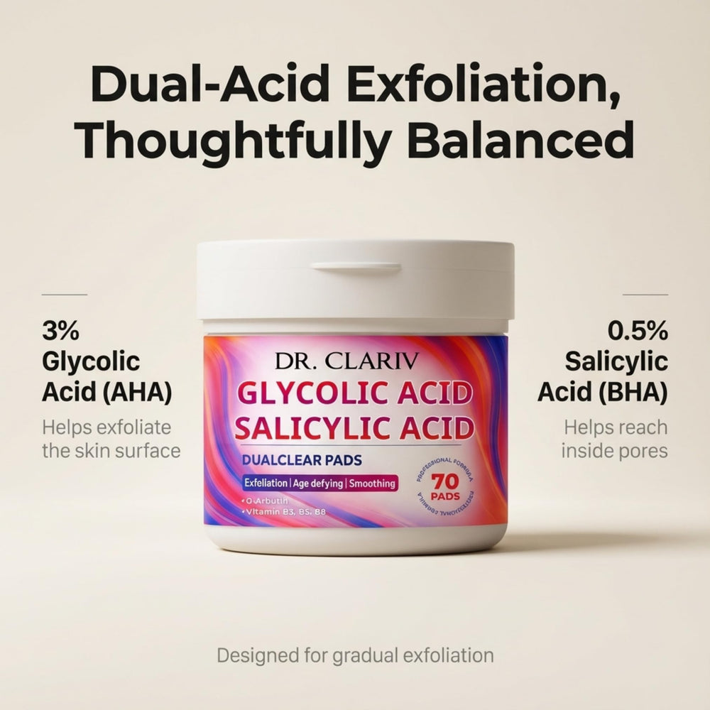 DR. CLARIV Exfoliating Pads bottle shows niacinamide blend for barrier support