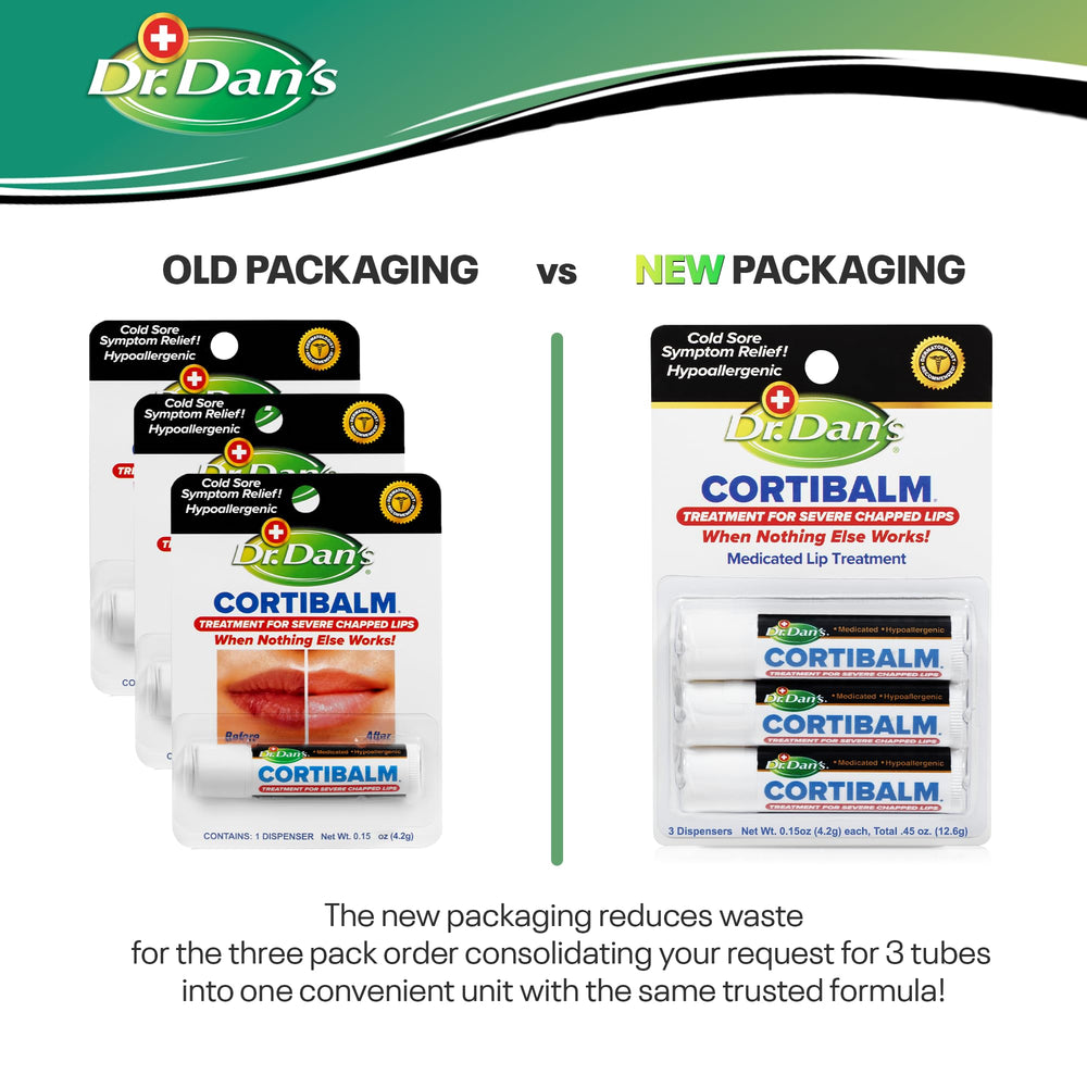 Dr. Dan's Cortibalm 3-pack tube application for targeted lip healing.