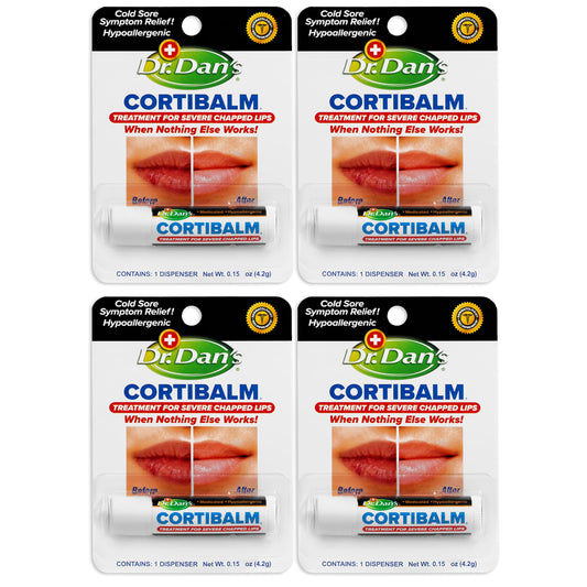 Dr. Dan's Cortibalm 4-pack box front highlighting lip care for dry lips