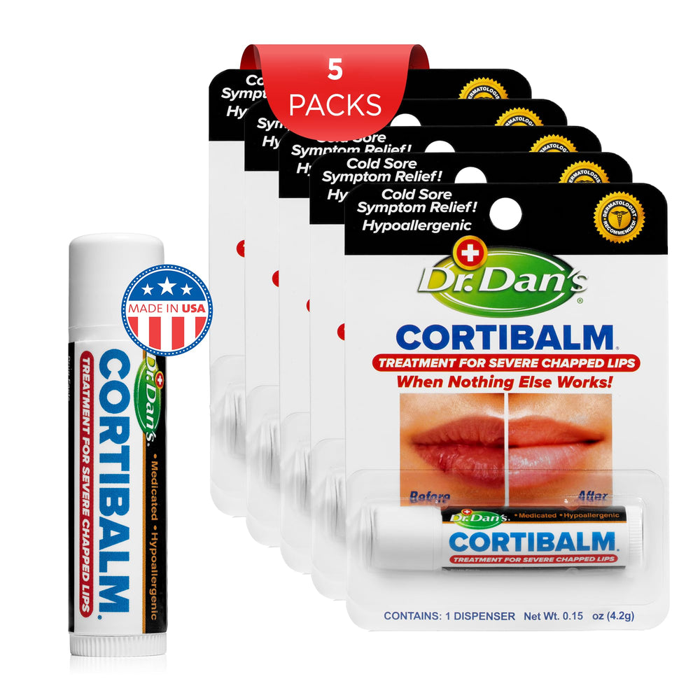 Dr. Dan's Cortibalm 5-pack lip care set on vanity