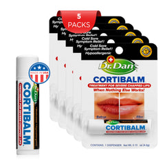 Dr. Dan's Cortibalm 5-pack lip care set on vanity