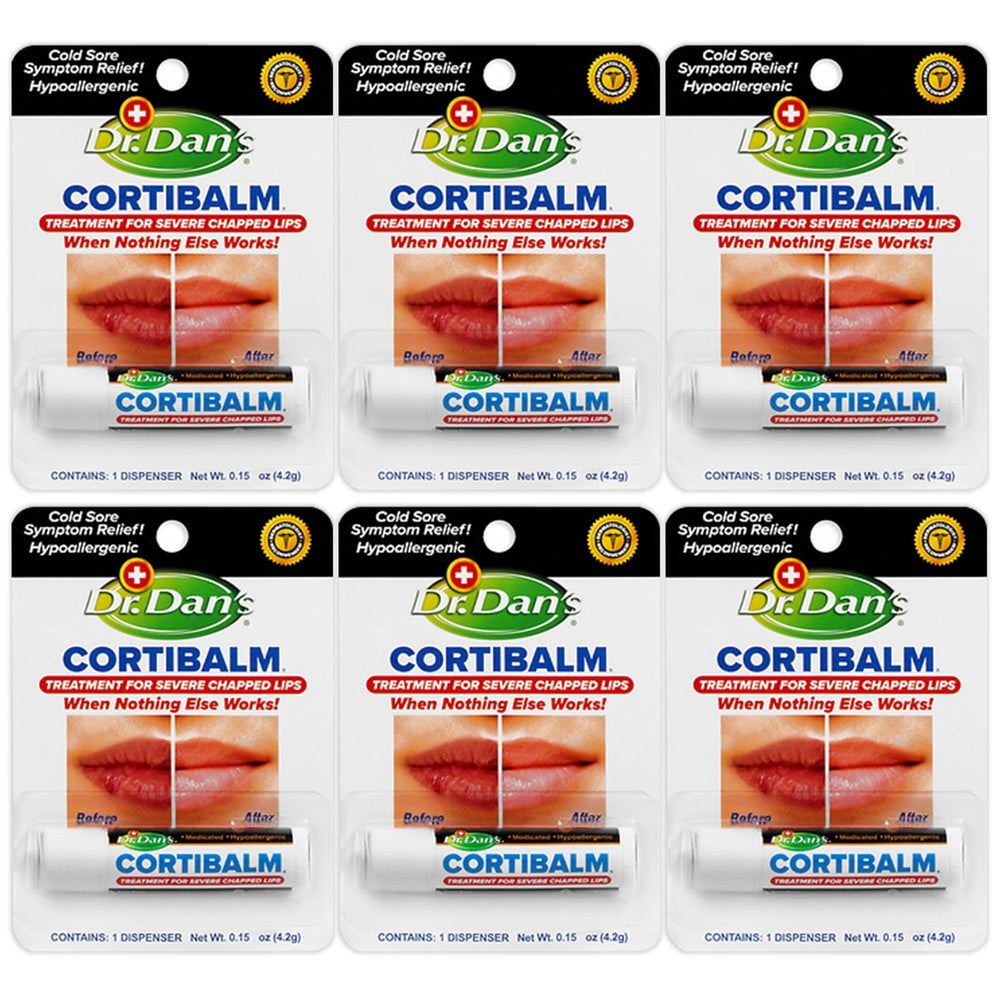 Dr. Dan's Cortibalm 6-pack pack-shot highlighting convenient lip care for dry lips