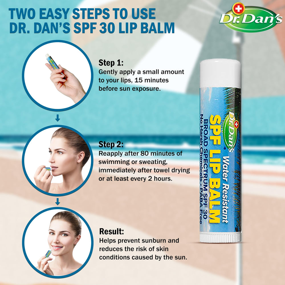 Dr. Dan's SPF 30 lip balm ingredients highlight hypoallergenic minerals and Vitamin E.