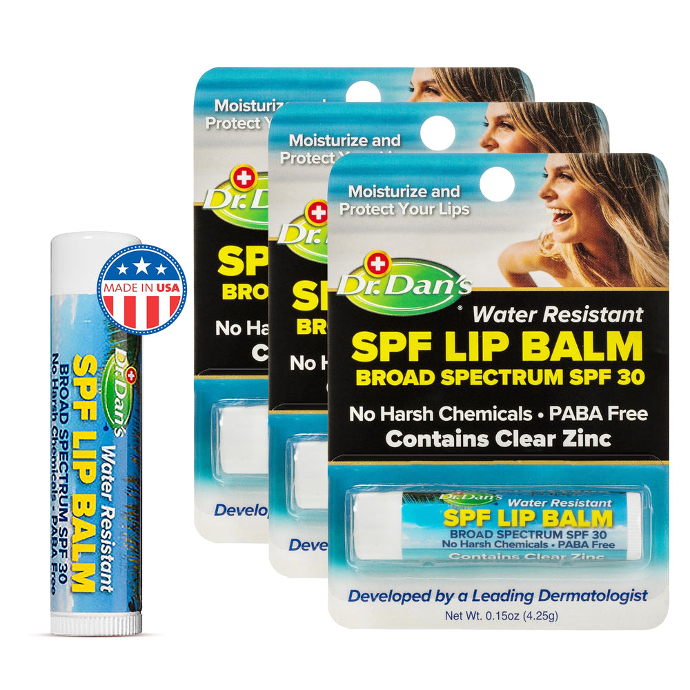 Dr. Dan's SPF 30 lip balm packaging highlights mineral-based protection and hydration.