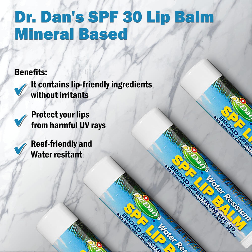 Dr. Dan's SPF 30 lip balm twist cap design for outdoor reapplication.